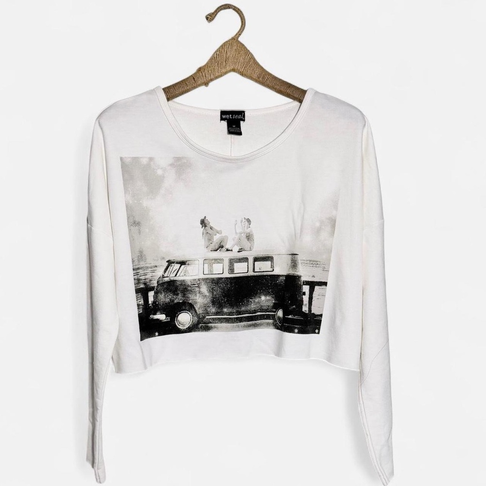 Wet Seal White Crop Long Sleeve VW Bus Graphic Tee Vintage 90s Y2K Retro Top